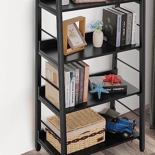 BATHWA 5 Tier Book Shelf, Black Industrial Open Wood and Metal Ladder Bookshelf, 59''H 24''W Wooden Ladder Shelf for Small Places, Living Room, Bedroom - color: Black, size: 1pack-59"H x 23.6"L x 13.8"D