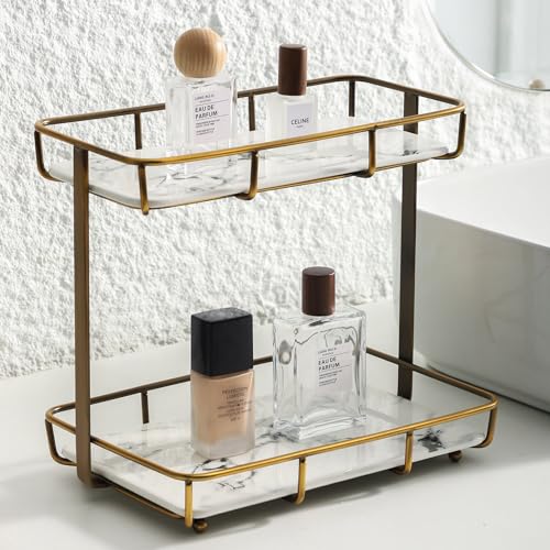 Bathroom Organizer Countertop Perfume Organizer Makeup Organizer Cosmetics Storage Display Rack Vanity Tray Dresser Stainless Steel Gold Shelf White Marble Ceramic Tray - color: 2 Tier L-bronze