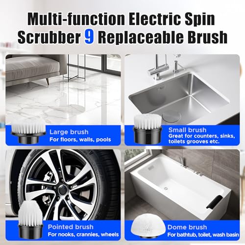 Electric Spin Scrubber, Bathroom Scrubber, Cordless Shower Cleaner Brush, 9 Replaceable Brush Heads, 2-Speed Adjustable, 2000mAh Battery, for Shower Tub Kitchen Tile Toilet