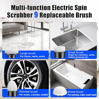 Electric Spin Scrubber, Bathroom Scrubber, Cordless Shower Cleaner Brush, 9 Replaceable Brush Heads, 2-Speed Adjustable, 2000mAh Battery, for Shower Tub Kitchen Tile Toilet