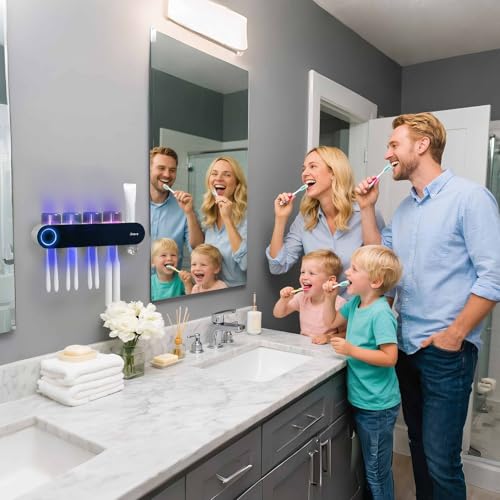 iHave UV Toothbrush Sanitizer Holder Wall Mount Toothpaste Dispenser, 4-Cup | Auto-Cycle Disinfection Toothbrush Holders for Bathrooms with UV Toothbrush Sanitizer & Toothpaste Dispenser, Breathing Light - color: Uv Black 4 Cups