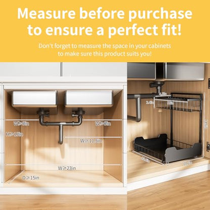 Under Sink Organizer, 2-Tier L-Shaped Pull Out Cabinet Shelf with 2 Installation Methods, Adjustable Sliding Storage Drawer for Kitchen, Bathroom, Laundry, Metal, Black, 2-Pack - size: 2 Pack
