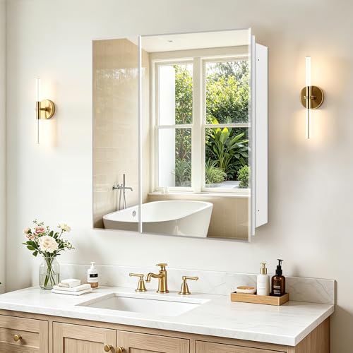 Bathroom Medicine Cabinet with 30x26 in Rectangular Beveled Frameless Mirror,Double Door Wall Mounted Mirror Cabinet for Bathroom Toilet Kitchen,Recess or Surface Mount - size: FMG-CM7005-3026