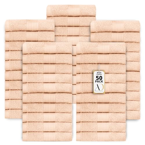 100% Cotton Washcloths 12x12 Inches, 600 GSM, Soft & Absorbent, Durable, Set of 50, Beige - color: Beige, size: Washcloth Set of 50
