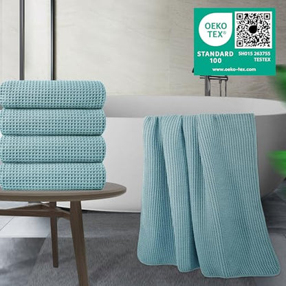 POLYTE 430 GSM Poly Blend Microfiber Quick Dry Waffle Bath Towel, 30x60 in | 4 Pack, Oversize, Lint Free, Body Towel - color: Green