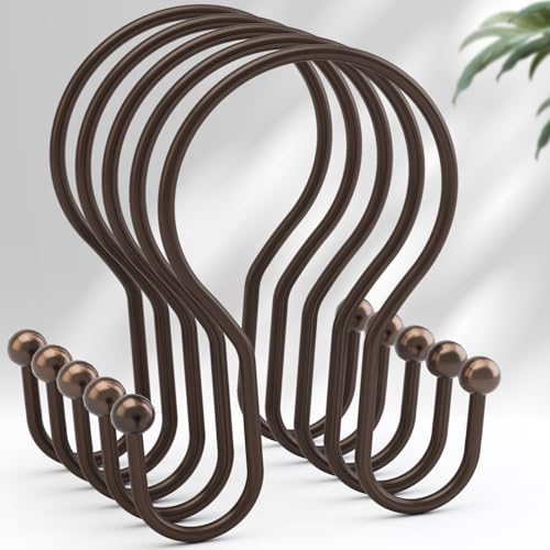 AmazerBath Bronze Shower Curtain Hooks Shower Curtain Rings, Simple Double Hook Shower Curtain Hooks Rust Proof, Metal Smooth Glide Shower Hooks for Shower Curtain Rod, 12 Pcs Shower Rod Hooks - color: Bronze, style: Minimalist - Double Shower Hooks