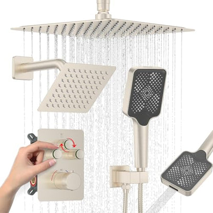 Iriber Thermostatic Shower System with Adjustable Water Flow Push Button Diverter, Square Dual Shower Heads Faucet Set with Handheld Spray, Brushed Nickel Shower Mixer Valve Trim Kit (Valve Included) - color: Brushed Nickel 05