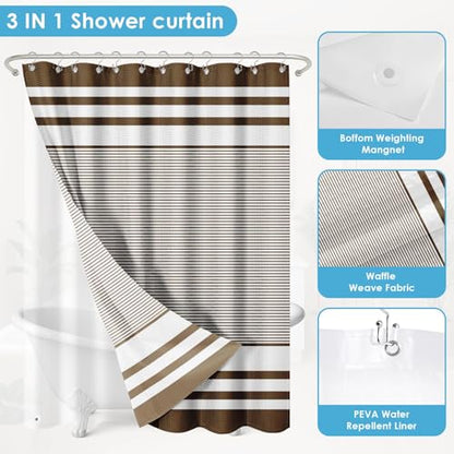 3 in 1 Shower Curtain and Liner,72 x 72 inch, Striped Brown | Blue Rustic Neutral Modern Double Layers Waterproof Fabric with See Through Top Window Open Grommet Bath Curtain - color: Brown Striped