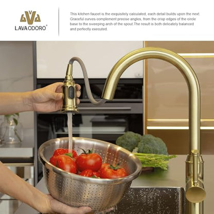 Lava Odoro Brushed Gold Kitchen Faucet with Pull Down Sprayer | Single Handle Kitchen Sink Faucet with 3-Function Sprayer, Deck Plate Included, 1.8GPM, KF421-SG - color: Brushed Gold, style: Standard