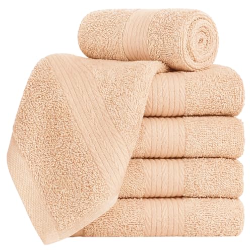 100% Cotton Washcloths 12x12 Inches, 600 GSM, Soft & Absorbent, Durable, Set of 5, Beige - color: Beige, size: Washcloth Set of 5