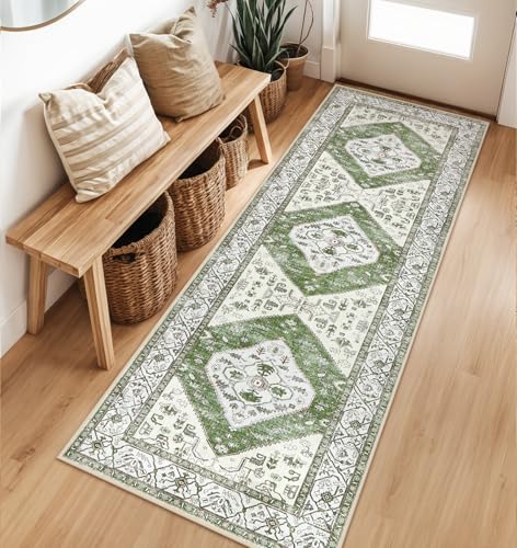 Lahome Boho Green Hallway Runner - 2x6 Washable Kitchen Runner Rug Non-Slip, Ultra-Thin Vintage Print Carpet Rug for Entryway Bedroom Laundry Room Adelyn (Green, 2'x6') - color: Green, size: 2' x 6' (Runner)