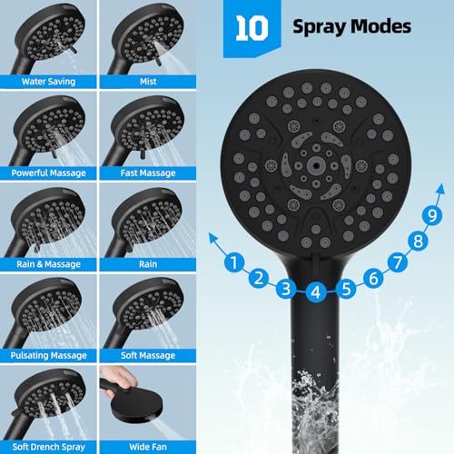 Hibbent All Metal High Pressure Rainfall 10'' Shower Head, CUPC Certified Handheld Showerhead Combo, 12'' Adjustable Shower Extension Arm, 10-Spray, 71'' Hose, Adhesive Showerhead Holder, Matte Black - color: Matte Black, style: Square 10''