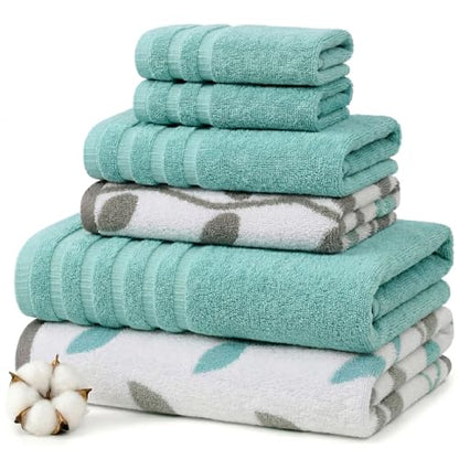 Modern Threads 6 Piece Bath Towel Set – Bathroom Set with 2 Bath Towels, 2 Hand Towels, and 2 Wash Cloths – 100% Cotton, Super Absorbent & Extra Soft – Reversible Natural Vine (Aqua) - color: Aqua