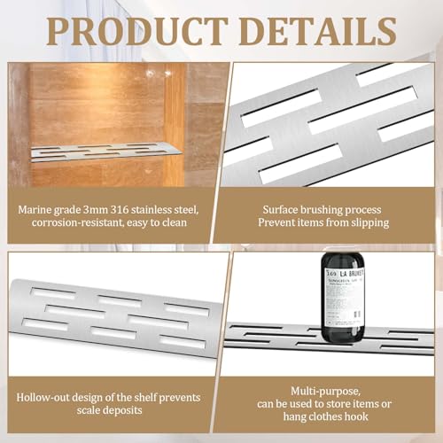 12 Inch Shower Niche Shelf Brushed 316 Stainless Steel Finish Tile Insert | Rectangular Shelf for 12 Inch Tile Prefabricated Niches, Fits 1/8 Inch Grout Lines, Shower Niche Insert Brushed 316 Stainless - size: 316 Stainless Steel - Silver
