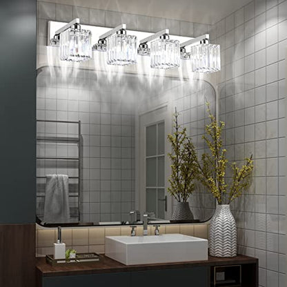 Aipsun Bathroom Light Fixtures Crystal Modern Vanity Lighting Fixtures 4 Light Chrome Bathroom Vanity Light (Exclude Bulb) - color: Chrome, size: 32 inch
