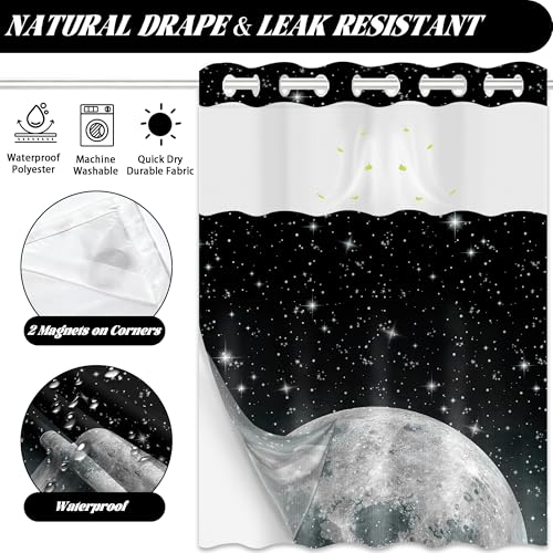 Star Moon Hookless Shower Curtain with Snap in Liner, Space Black and White Watercolor Night Sky Galaxy No Hook Double Layer Shower Curtains and Liner Set, Waterproof Cloth Fabric 71" W X 74" L - color: Black, size: 71"W x 74"L (Pack of 1)