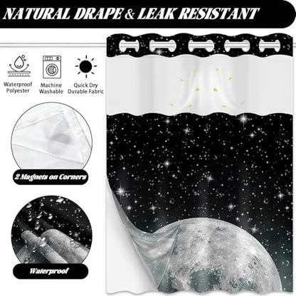Star Moon Hookless Shower Curtain with Snap in Liner, Space Black and White Watercolor Night Sky Galaxy No Hook Double Layer Shower Curtains and Liner Set, Waterproof Cloth Fabric 71" W X 74" L - color: Black, size: 71"W x 74"L (Pack of 1)