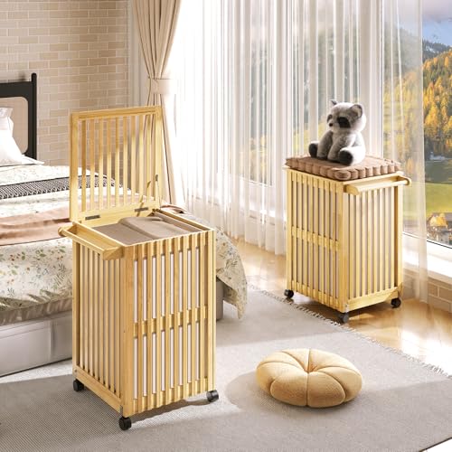 HOOBRO Laundry Hamper with Lid and Wheels, 120 L (31Gal) Double Laundry Basket, Bamboo Clothes Hamper with Handles and Removable Liner, for Laundry Room, Bathroom, Bedroom, Natural YL60XY01