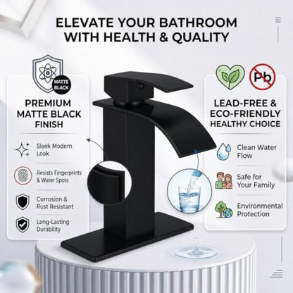 VOTON Black Bathroom Faucets Modern Waterfall Bathroom Sink Faucet Matte Black Single Handle Bathroom Faucet for 1 or 3 Holes with Deck Plate and Pop-Up Drain, Rv Sink Camper Farmhouse Bathroom Faucet - color: Black