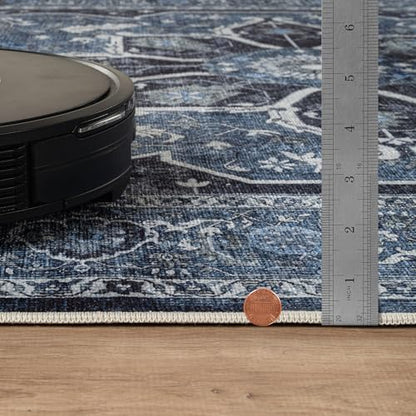 Bloom Rugs Caria Washable Non-Slip 7 ft Runner - Blue/Charcoal Traditional Runner for Entryway, Hallway, Bathroom, and Kitchen - Exact Size: 2'6" x 7' - color: Blue / Charcoal, size: 2'6" x 7' (Runner)