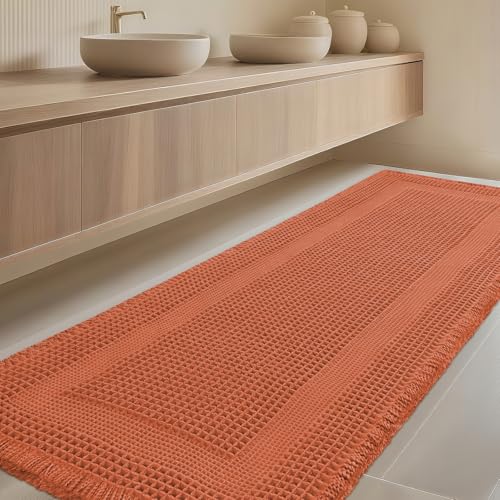 IM HOME Extra Large Waffle Bath Mat, Boho Bathroom Rugs Absorbent Non Slip, Ultra Soft Bathroom Mat, Machine Washable Knit Bath Rugs with Tassels for Bathroom, Bedroom, Kitchen, 6'x2', Burnt Orange - color: Burnt Orange-looped, size: 2' x 6' (Runner)