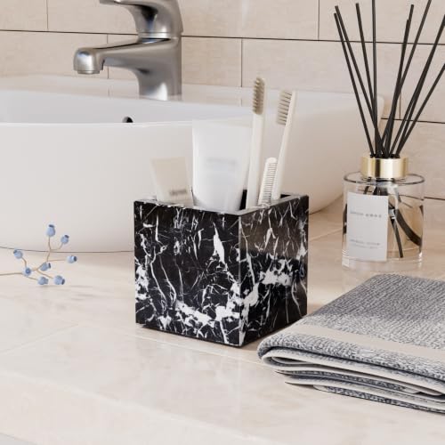 Rectangular Toothbrush Holder,Pencil Cup,3.9x3.9x3.9in,Black | Marble Pen Holders with Natural Patterns,Makeup Brush Organizer with Anti Slip Foot Pads,Stone Utensil Container for Office - color: Black