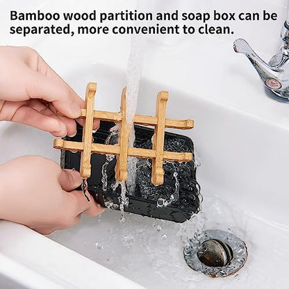 Bamboo Soap Dishes for Shower with Drainage Wooden Soap Bar Holder for Bathroom Soap Tray Easy to Clean, Durable and with Non-Slip Pads(Single Black Square) - color: Single Black Square