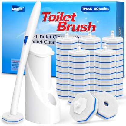 COBETE Disposable Toilet Brush Wand Kit with 50 Refills, Efficient Deep Scrubbing Toilet Bowl Cleaner Wand for Bathroom Toilet Cleaning(White)
