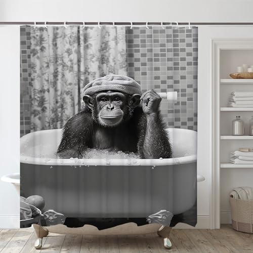 Funny Monkey Shower Curtain, Black and White Fun Chimpanzee Animal Bathroom Curtains, 72x72 Humorous Shower Curtain Set, Gray Wildlife Boys Men Modern Cool Bathroom Curtain - color: Black Gray, size: 72"W x 72"L (Pack of 1)