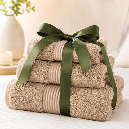 Towel Set for Bathroom, 3 Piece Turkish Cotton Bath Hand and Wash Towels | Mixed size set in Taupe Quartz, 600 gram weight. Double stitched hems suit family and guest use. - color: Taupe Quartz