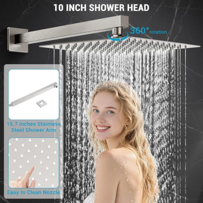 Shower Faucet Set With Shower Head,Brush Nickel Shower System | Wall Mounted,2-Function SUS304 Rain Head and Handle System，Shower Valve Body - color: Brush Nickel, style: 10''-Wall Mount