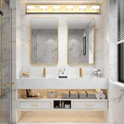 Ralbay Modern Gold Vanity Lights 6 Lights LED Modern Gold Vanity Lights Over Mirror Fixture Acrylic Gold Bathroom Vanity Wall Light (White Light 6000K) - size: 40.4 inch