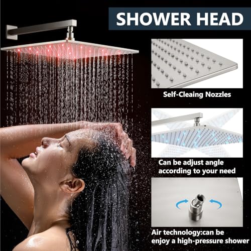 Aolemi Shower Faucet Set with Valve Handheld 16" LED Head Brushed Nickel | Handheld Spray,16 Inch Rain LED Head,Valve and Trim Kit,All Metal,Wall Mount Shower System,Bathroom Mixer - color: Nickel, size: 16 Inch LED Shower Head