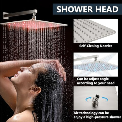Aolemi Shower Faucet Set with Valve Handheld 16" LED Head Brushed Nickel | Handheld Spray,16 Inch Rain LED Head,Valve and Trim Kit,All Metal,Wall Mount Shower System,Bathroom Mixer - color: Nickel, size: 16 Inch LED Shower Head