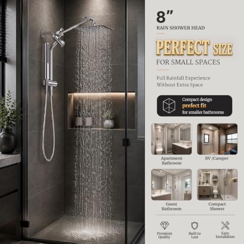 Veken All Metal 8" Luxurious Rain Shower Head with Handheld,High Pressure | Dual Shower Heads Spray,Power Wash Wand,Detachable Showerhead Combo,Small Square Adjustable Rainfall ,Spa-like,Chrome,Silver - color: Chrome, size: 8 Inch