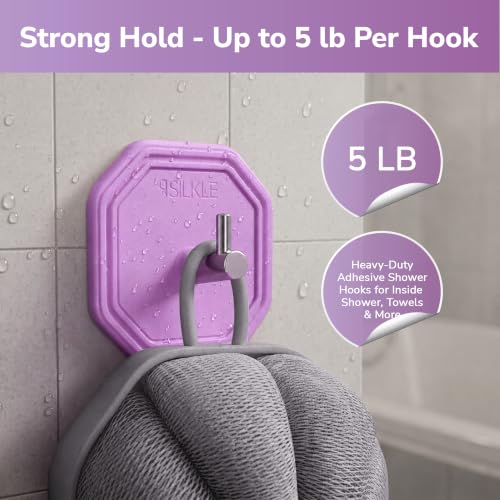 SILKLE Silicone Shower Hooks for Inside Shower, 2-Pack Adhesive Towel Hooks | Adhesive Shower Hooks, No Drill - Razor & Loofah Holders for Shower Wall, Heavy-Duty, Waterproof, Damage-Free - Purple - color: Purple