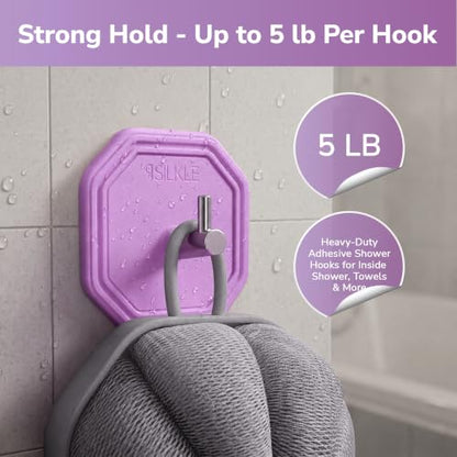 SILKLE Silicone Shower Hooks for Inside Shower, 2-Pack Adhesive Towel Hooks | Adhesive Shower Hooks, No Drill - Razor & Loofah Holders for Shower Wall, Heavy-Duty, Waterproof, Damage-Free - Purple - color: Purple