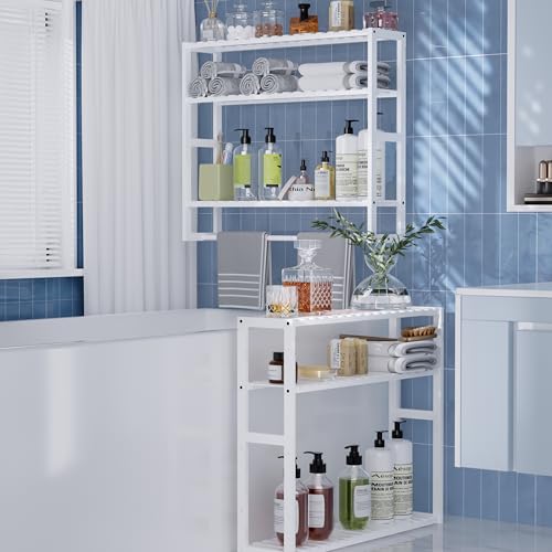 PPN Extra Large Towel Rack Bathroom Storage Shelves Over The Toilet with Towel Bar 100% Bamboo Adjustable Height Floating Shelf Wall Shower Shelf for Small Space Bathroom Kitchen Multi Usage - color: White Extra Large