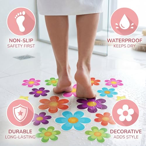 Photect 26 Pcs Flower Non Slip Stickers for Bathtub Daisy Non Slip Shower Sticker Adhesive Star Flower Cute Bathtub Decals for Bathroom Pool Stairway and Other Slippery Surfaces(Colorful)