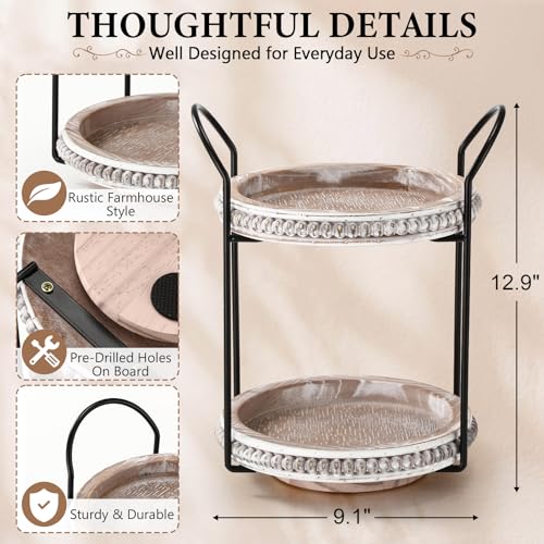 Qunclay 360 Rotating 2 Tier Wooden Tray Organizer Rustic Farmhouse Vanity Storage Large Capacity Round Organizer with Iron Frame for Cosmetics Perfume Skincare Kitchen Counter Bathroom Coffee Station