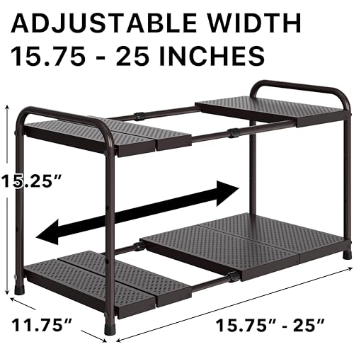 Simple Houseware Under Sink 2-Tier Heavy Duty Expandable Organizer, Bronze | Adjustable Width 15.75–25 Inches with 4 Shelf Height Levels - color: Bronze