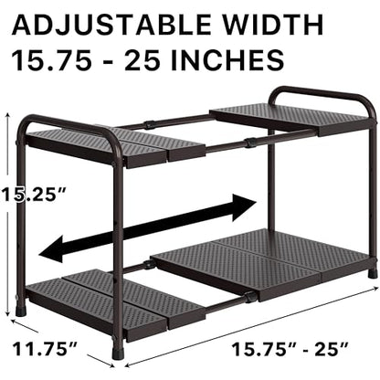 Simple Houseware Under Sink 2-Tier Heavy Duty Expandable Organizer, Bronze | Adjustable Width 15.75–25 Inches with 4 Shelf Height Levels - color: Bronze