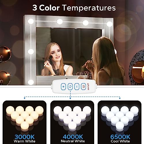 LED Vanity Lights For Mirror, Vanity Lights Stick on with 10 Dimmable Bulbs | 3000K 4000K 6500K & 10 Level Brightness Adjustable, USB Cable, Hollywood Mirror Lights for Makeup Dressing Room Bathroom - size: 10 Lights (White)
