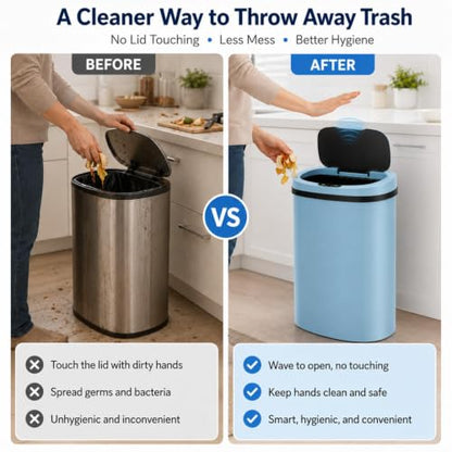 13-Gallon Touchless Plastic Trash Can, Blue | Motion sensor lid provides hands-free waste disposal in kitchens, offices, bedrooms, or living spaces. - color: Blue