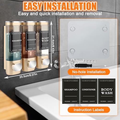 Shampoo and Conditioner Shower Soap Dispenser, No Drill 3 * 300ml | Press Liquid Soap Dispenser, Wall Mounted No Drill Shampoo Dispenser for Kitchen Bathroom Hotel (Gold)