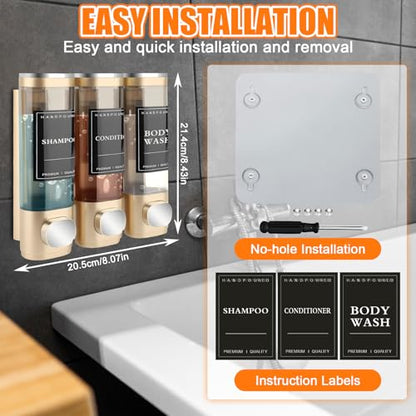 Shampoo and Conditioner Shower Soap Dispenser, No Drill 3 * 300ml | Press Liquid Soap Dispenser, Wall Mounted No Drill Shampoo Dispenser for Kitchen Bathroom Hotel (Gold)