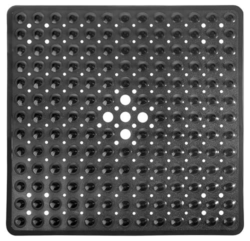 Square Shower Mat Non Slip, 21x21 Inch Square Bathtub Mat for Inside-Shower with Suction Cups Drain Holes, Anti-Slip Bathroom Floor Shower Stall Mats, Soft Bath for Tub, Machine Washable - Black - color: Black