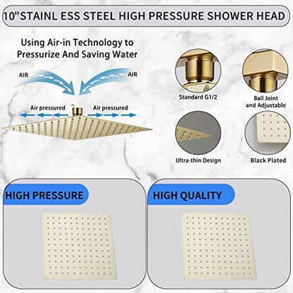 Rain Shower Head Brushed Gold with Extension Arm 10 Inch Square Shower Head with 16 Inch Shower Arm Large Stainless Steel Rainfall Showerhead Waterfall Full Body Coverage - color: Brushed Gold, size: 10inch