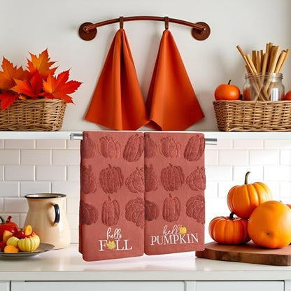 2 Pack Fall Hand Towel Jacquard Embroidered Cotton Kitchen Towels Farmhours Thankful Bath Towels Set Thanksgiving Bathroom Decor (Red Hello Fall, 2*Hand Towel) - color: Red Hello Fall