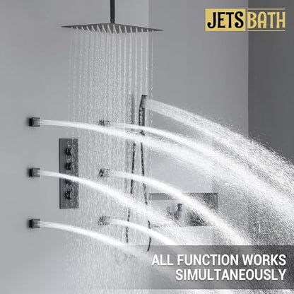 Thermostatic Shower System with 6 Body Jets & 16-Inch Ceiling Rainfall Shower Head Bathroom Luxury Matte Black Shower Faucet Set with High Pressure Handheld Sprayer, with Valve and Trim - color: Matte Black